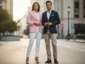 Elegancka para na ulicy. Ona w różowej marynarce i białych spodniach, on w granatowej marynarce i beżowych chinosach. Inspiracja, jak ubierać się z klasą.
