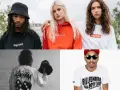 Kolekcja stylowych streetwear t shirts: czarny Supreme, pomarańczowa bluza Supreme, biały t-shirt Supreme, biały t-shirt Stussy i biały t-shirt Billionaire Boys Club.