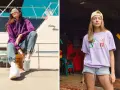 Dwie kobiety w modnych stylizacjach streetwear. Jedna w fioletowej bluzie i jeansach, druga w liliowej koszulce z napisem "Pizza Sport". Polskie marki odzieżowe streetwear w akcji.