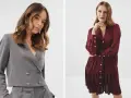 Elegancka szara marynarka i bordowa sukienka z plisowanym dołem – idealne stylizacje na randkę.