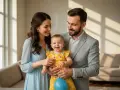 Szczęśliwa rodzina świętuje roczek dziecka. Mama w błękitnej sukience, tata w szarym garniturze, a maluch w żółtym, grochowatym ubranku. Idealna inspiracja, co ubrać na roczek!