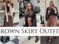 Stylizacje z brązową spódnicą: beżowy sweter, czarna narzutka, skórzana kurtka. Buty: botki, trapery, sandały.