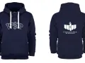 Granatowa bluza z kapturem z białym napisem "WSP" z przodu i logo uczelni z tyłu.