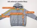 Jak mierzyć bluzy: szerokość w ramionach (D), pod pachami (A), długość rękawa (C) i długość bluzy (B).