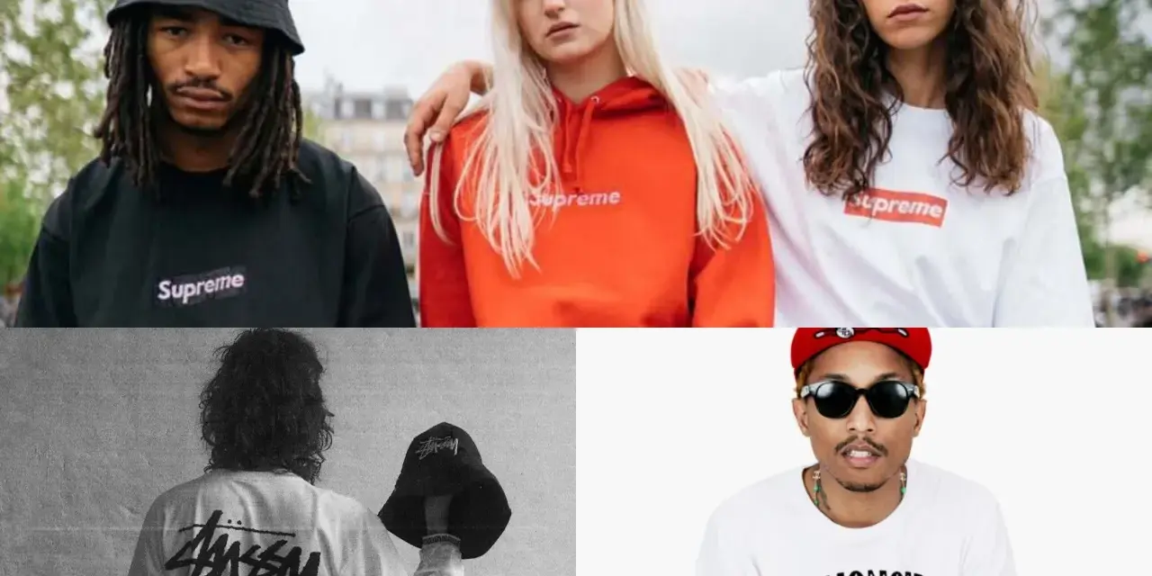 Kolekcja stylowych streetwear t shirts: czarny Supreme, pomarańczowa bluza Supreme, biały t-shirt Supreme, biały t-shirt Stussy i biały t-shirt Billionaire Boys Club.