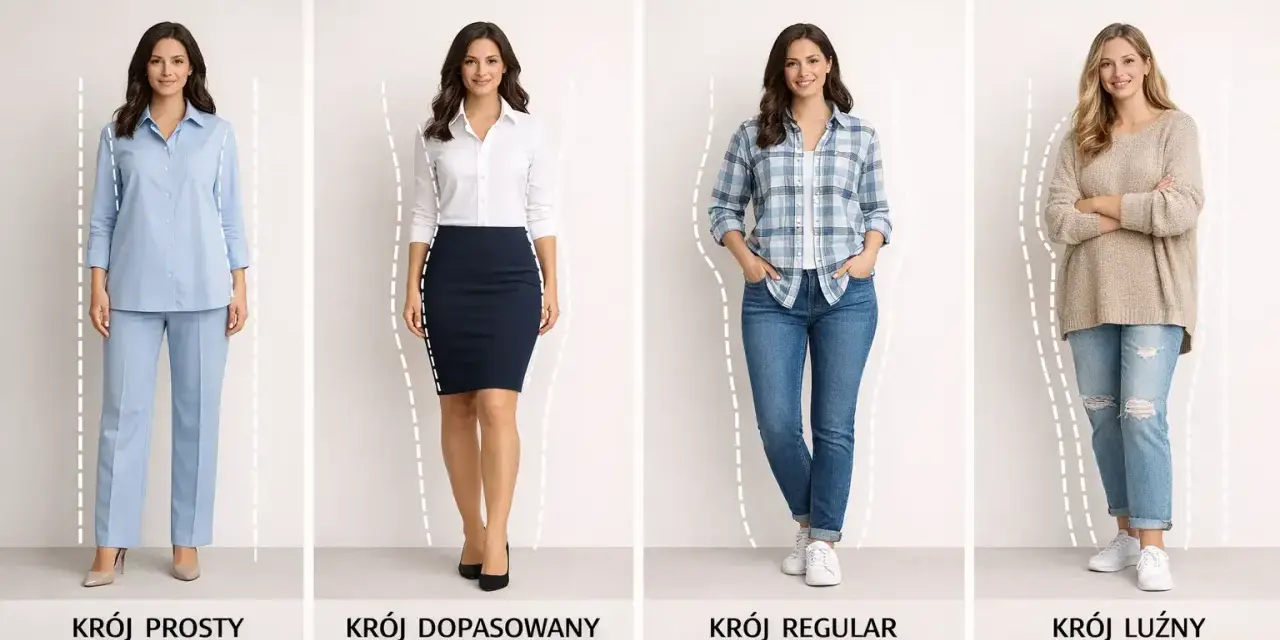 Cztery kobiety prezentują różne kroje ubrań: prosty, dopasowany, regular i luźny. Dowiedz się, jak ubierać się elegancko, dopasowując styl do swojej sylwetki.