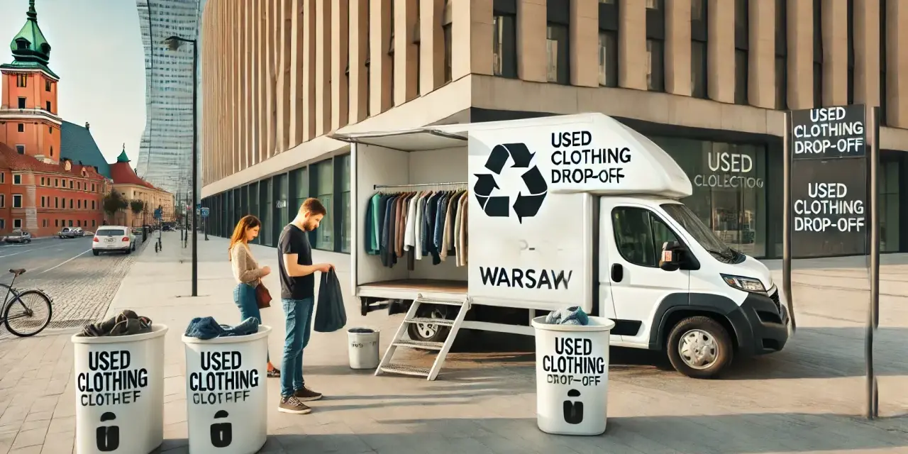 Mobilny punkt zbiórki odzieży w Warszawie. Gdzie oddać ubrania dla bezdomnych? Tutaj! Wóz z wieszakami i pojemniki na odzież czekają.