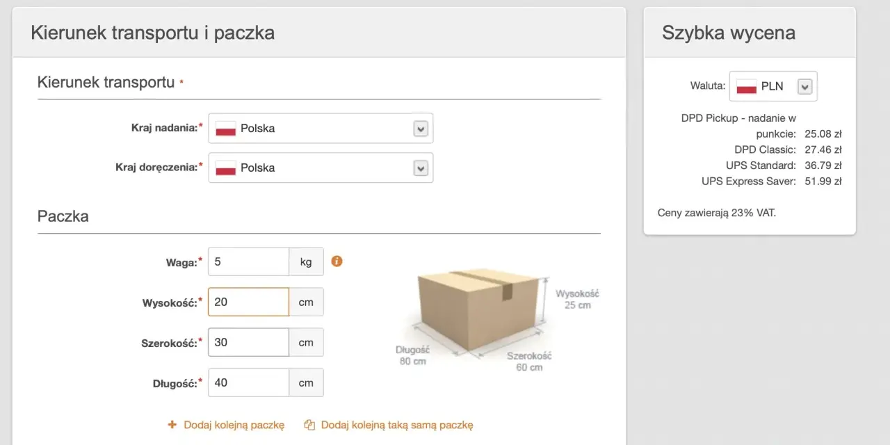 Formularz do zamówienia przesyłki. Wpisz, ile ważą dresy, ich wymiary i wybierz kraj nadania/doręczenia. Szybka wycena pokazuje ceny.