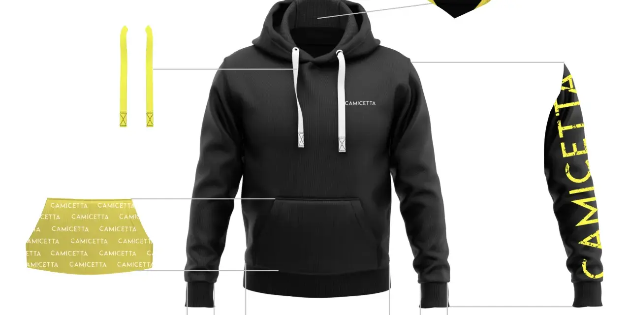 Czarna bluza z kapturem i żółtymi detalami. Widoczne bluzy firmowe z logo CAMICETTA na rękawie i taśmie.