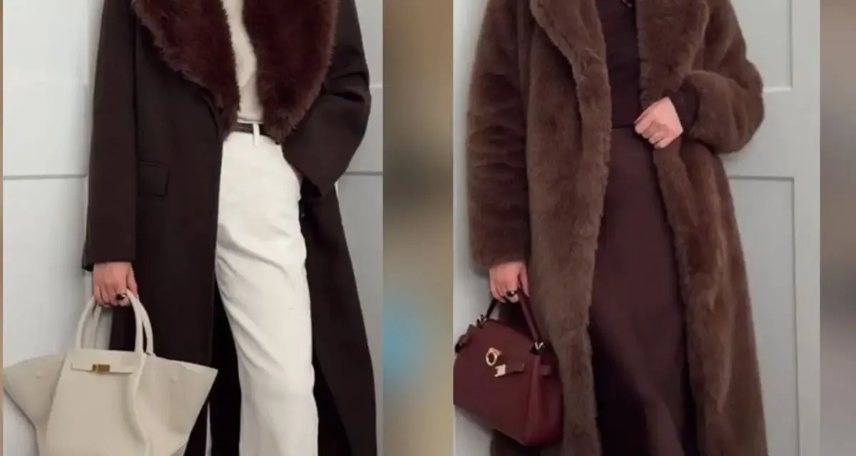 Dwie kobiety w eleganckich, brązowych płaszczach. Na lewo płaszcz z futrzanym kołnierzem i białe spodnie. Na prawo długie, pluszowe futro. Czy futro jest modne? Zdecydowanie tak!
