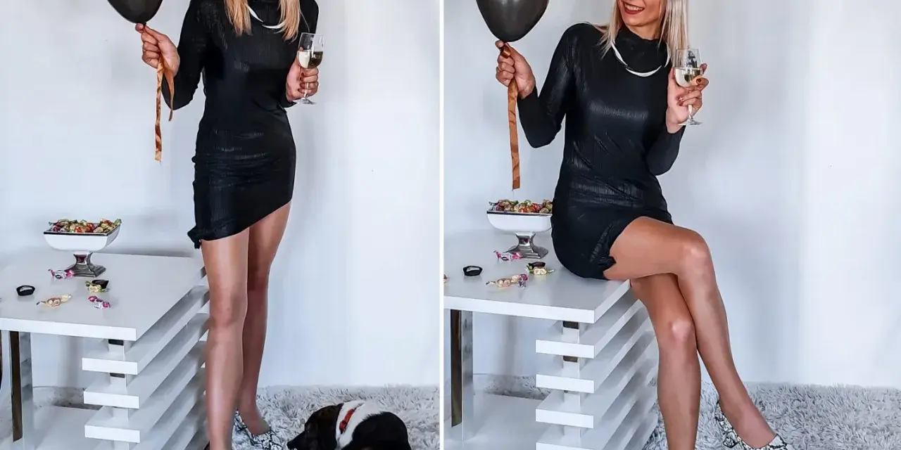 Elegancka czarna sukienka, idealna na 18 urodziny syna. W dłoni balon i kieliszek szampana.