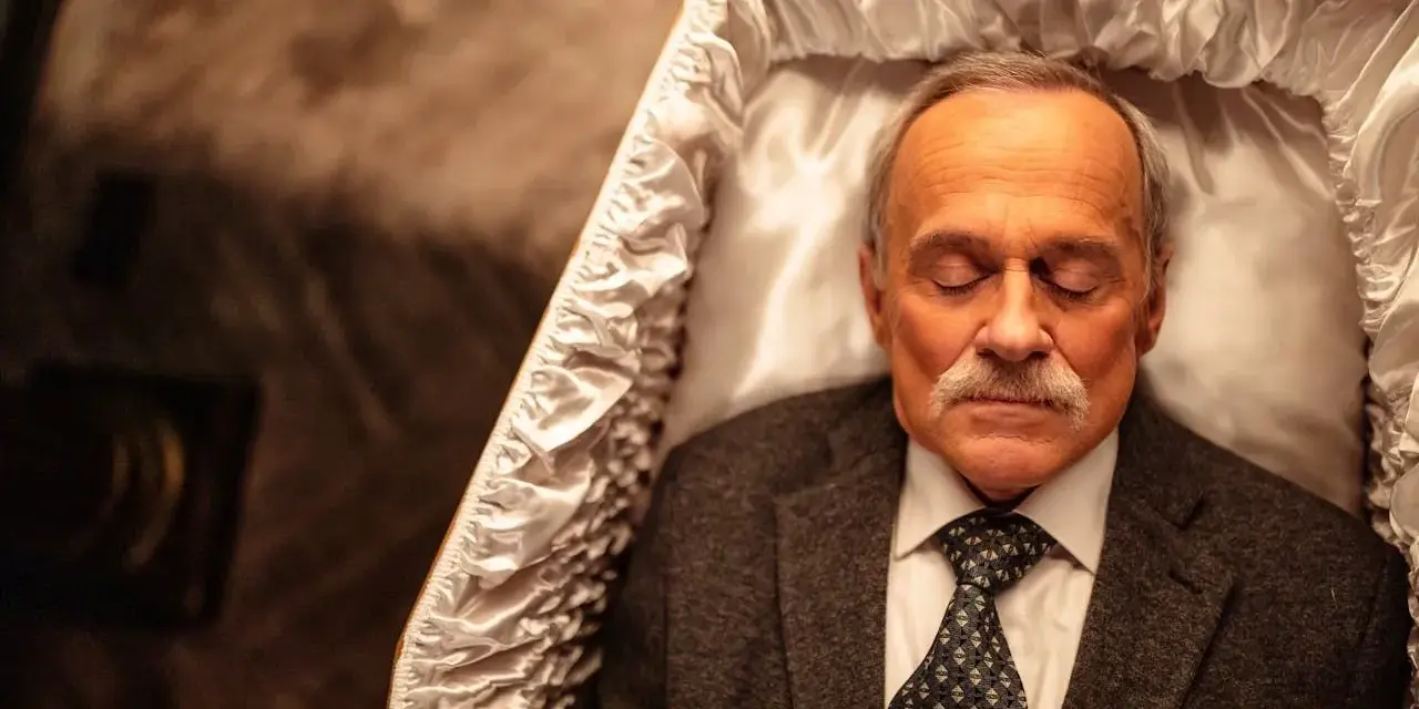 Starszy mężczyzna w garniturze i krawacie leży z zamkniętymi oczami w trumnie. To obraz tego, jak wygląda ubieranie zmarłego.