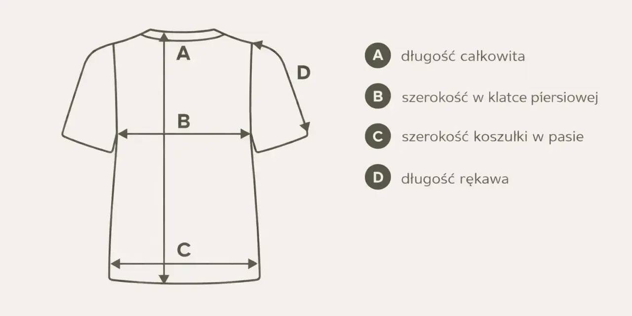Schemat koszulki z wymiarami: A-długość całkowita, B-szerokość w klatce, C-szerokość w pasie, D-długość rękawa.