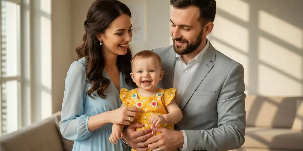 Szczęśliwa rodzina świętuje roczek dziecka. Mama w błękitnej sukience, tata w szarym garniturze, a maluch w żółtym, grochowatym ubranku. Idealna inspiracja, co ubrać na roczek!