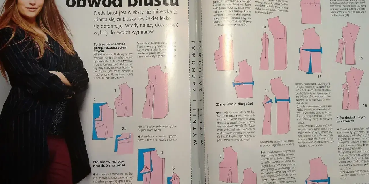 Instrukcja, jak poszerzyć bluzkę w biuście, z ilustracjami wykrojów i wskazówkami dotyczącymi dopasowania odzieży.