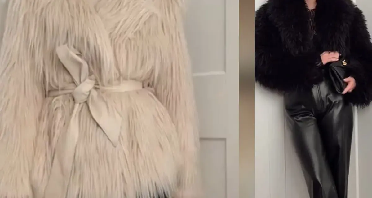 Kremowe i czarne sztuczne futra, które pokazują, czy sztuczne futra są modne. Eleganckie i stylowe okrycia.