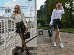 Dwie stylizacje pokazują, co ubrać do skórzanej spódnicy: sweter i botki lub białą koszulę i botki.