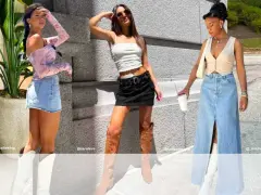 Inspiracje na co ubrać do jeansowej spódnicy: biała mini, jeansowa maxi, czarna mini i jeansowa z przetarciami.