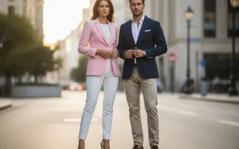 Elegancka para na ulicy. Ona w różowej marynarce i białych spodniach, on w granatowej marynarce i beżowych chinosach. Inspiracja, jak ubierać się z klasą.