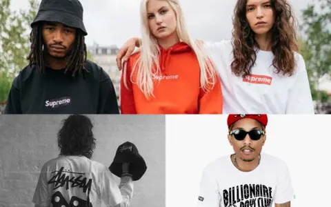 Kolekcja stylowych streetwear t shirts: czarny Supreme, pomarańczowa bluza Supreme, biały t-shirt Supreme, biały t-shirt Stussy i biały t-shirt Billionaire Boys Club.