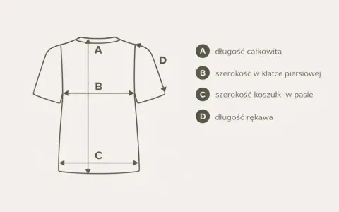 Schemat pokazuje, jak mierzyć koszulę: A - długość całkowita, B - szerokość w klatce, C - szerokość w pasie, D - długość rękawa.