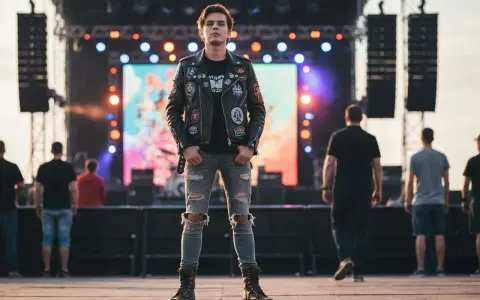 Chłopak w ramonesce z naszywkami i podartych jeansach, idealny przykład, jak się ubrać na koncert metalowy.
