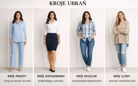 Cztery kobiety prezentują różne kroje ubrań: prosty, dopasowany, regular i luźny. Dowiedz się, jak ubierać się elegancko, dopasowując styl do swojej sylwetki.