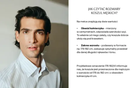 Mężczyzna w koszuli w paski. Tekst wyjaśnia, jak zmierzyć koszulę męską, podając obwód kołnierzyka i zakres wzrostu.