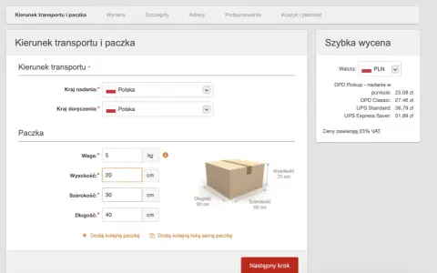 Formularz do zamówienia przesyłki. Wpisz, ile ważą dresy, ich wymiary i wybierz kraj nadania/doręczenia. Szybka wycena pokazuje ceny.