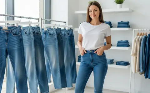 Kobieta w białej koszulce i jasnych jeansach stoi obok wieszaków z różnymi modelami jeansów. Idealny przykład, co pasuje do jasnych jeansów.