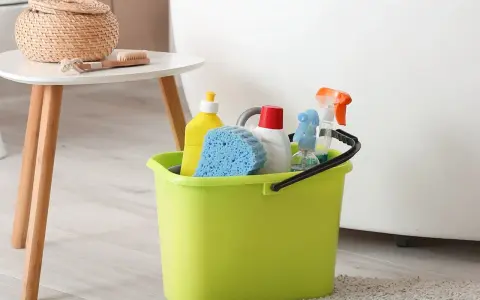 Wiadro z płynami do sprzątania i gąbką. Zastanawiasz się, jak sprać marker permanentny z ubrań? Te środki mogą pomóc!