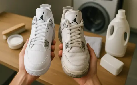 Para prać buty Nike w pralce, porównaj czyste i brudne Jordany. Obok proszek, szczotka i płyn do prania.