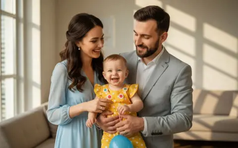 Szczęśliwa rodzina świętuje roczek dziecka. Mama w błękitnej sukience, tata w szarym garniturze, a maluch w żółtym, grochowatym ubranku. Idealna inspiracja, co ubrać na roczek!