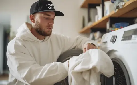 Mężczyzna w bluzie i czapce z daszkiem wkłada białą bluzę bawełnianą do pralki. Oto jak prać bluzy bawełniane.