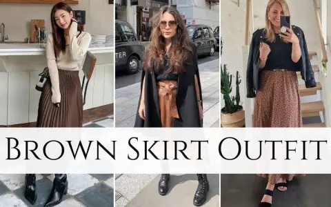 Stylizacje z brązową spódnicą: beżowy sweter, czarna narzutka, skórzana kurtka. Buty: botki, trapery, sandały.