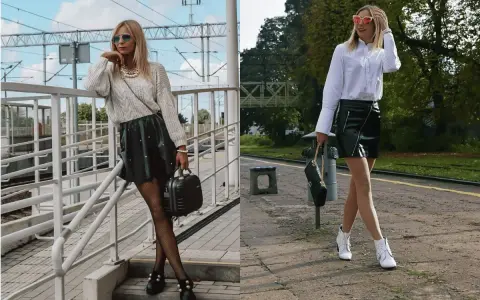 Dwie stylizacje pokazują, co ubrać do skórzanej spódnicy: sweter i botki lub białą koszulę i botki.