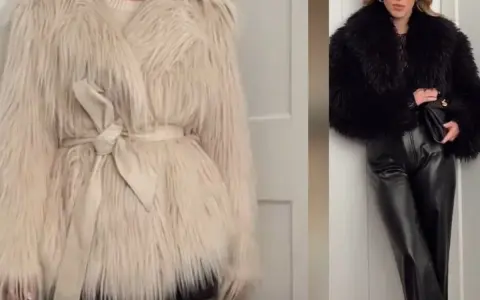 Kremowe i czarne sztuczne futra, które pokazują, czy sztuczne futra są modne. Eleganckie i stylowe okrycia.