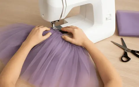 Ręce szyjące fioletową tiulową spódnicę na maszynie. Obok leżą nożyczki i materiał.