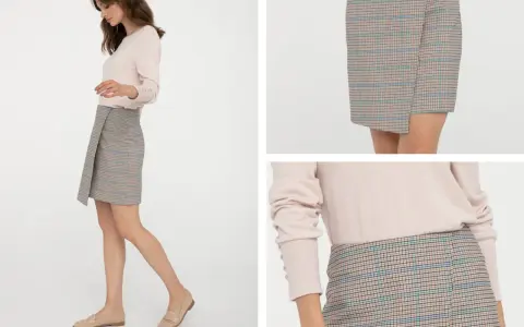 Kratka na spódniczce to ponadczasowy trend. Modelka prezentuje stylową, asymetryczną spódniczkę w kratkę, która z pewnością jest modna.