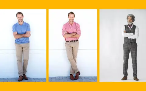 Trzech mężczyzn prezentuje różne style ubierania się: casualowy polo, elegancki z koszulą i garnitur w kratę.