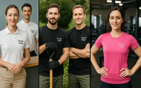 Uśmiechnięci pracownicy w koszulkach z logo firmy. Białe polo, czarne t-shirty z łopatą i różowa koszulka sportowa.