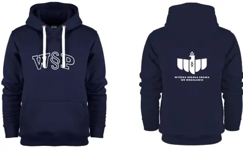 Granatowa bluza z kapturem z białym napisem "WSP" z przodu i logo uczelni z tyłu.
