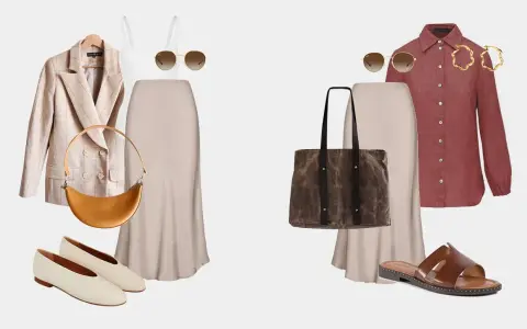 Dwie propozycje stylizacji z beżową spódnicą: elegancka z marynarką i torebką-bagietką, oraz casualowa z koszulą, shopperką i sandałami.