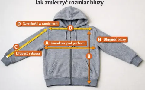 Jak mierzyć bluzy: szerokość w ramionach (D), pod pachami (A), długość rękawa (C) i długość bluzy (B).