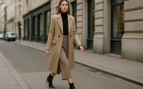 Elegancka kobieta w beżowym płaszczu i brązowych spodniach, z czarnym golfem, idzie ulicą. Czy buty w szpic są modne? Tak, te czarne botki z pewnością dodają stylu.