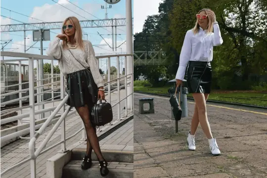 Dwie stylizacje pokazują, co ubrać do skórzanej spódnicy: sweter i botki lub białą koszulę i botki.