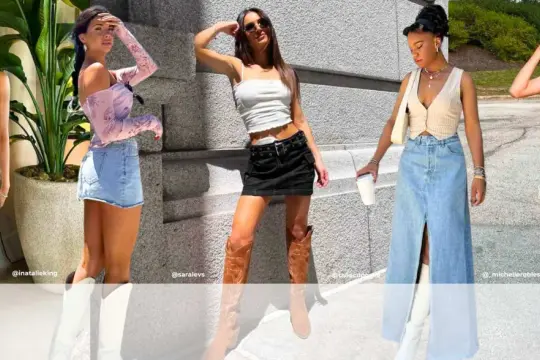 Inspiracje na co ubrać do jeansowej spódnicy: biała mini, jeansowa maxi, czarna mini i jeansowa z przetarciami.