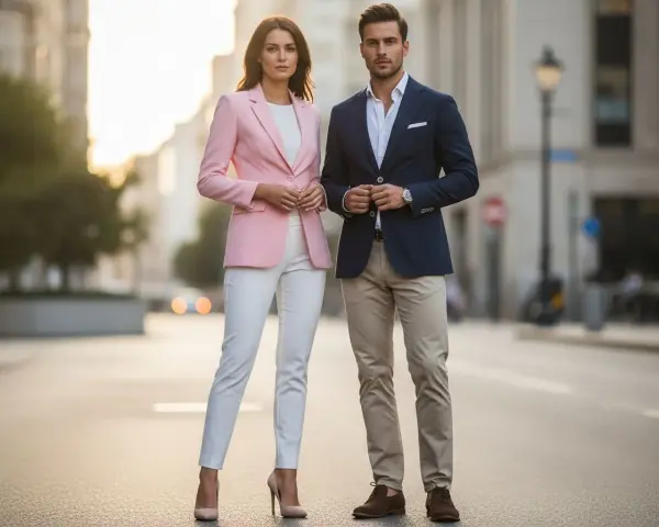 Elegancka para na ulicy. Ona w różowej marynarce i białych spodniach, on w granatowej marynarce i beżowych chinosach. Inspiracja, jak ubierać się z klasą.