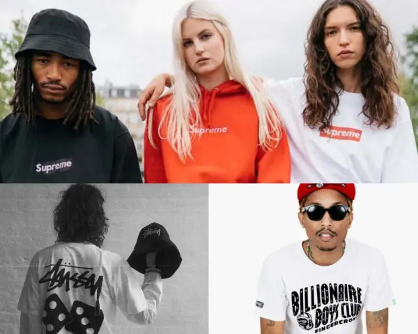 Kolekcja stylowych streetwear t shirts: czarny Supreme, pomarańczowa bluza Supreme, biały t-shirt Supreme, biały t-shirt Stussy i biały t-shirt Billionaire Boys Club.