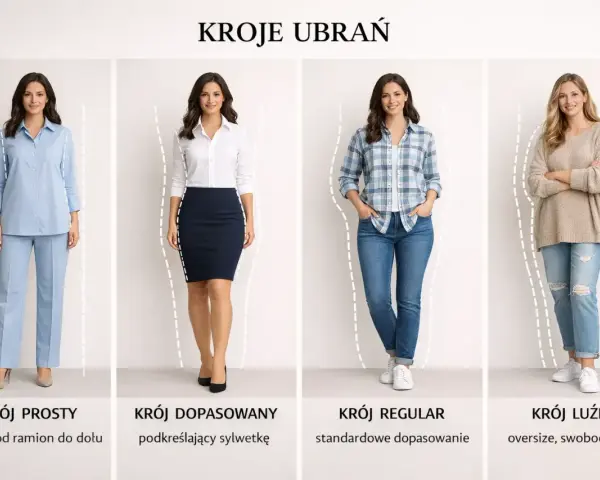 Cztery kobiety prezentują różne kroje ubrań: prosty, dopasowany, regular i luźny. Dowiedz się, jak ubierać się elegancko, dopasowując styl do swojej sylwetki.